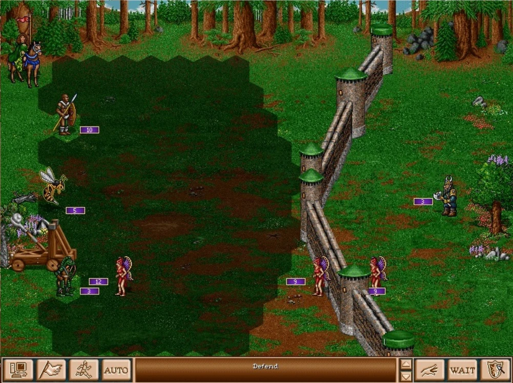 Скріншот із боєм на тактичній карті біля укріпленої стіни в моді Наслідні війни Героїв Меча і Магії III