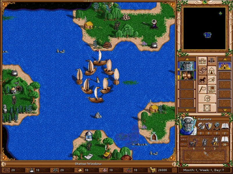 Знімок екрана з морськими юнітами, що пливуть між островами в моді The Succession Wars для Heroes of Might and Magic III