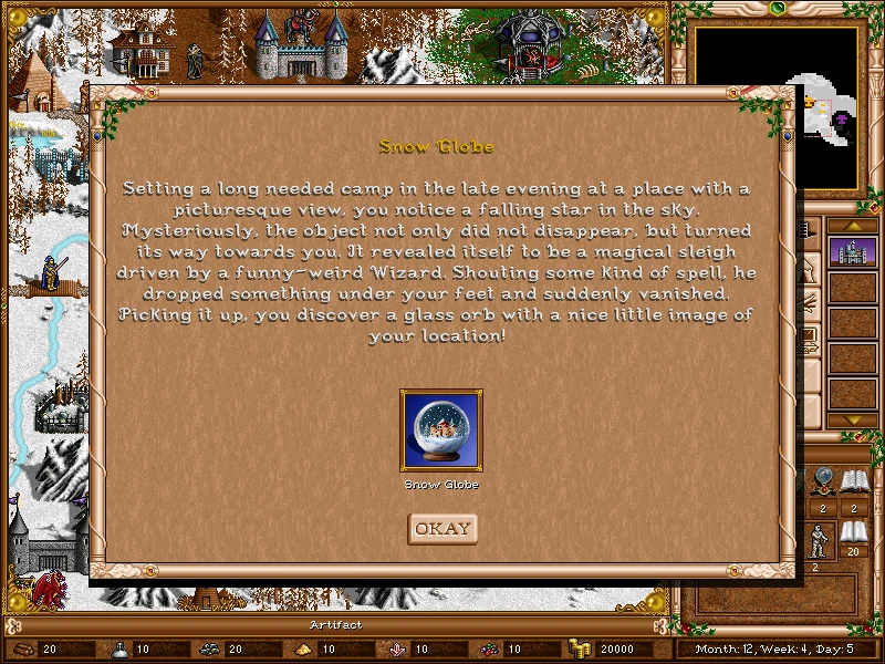 Текст у грі описує чарівні сани та артефакт Снігова Куля на зимовій мапі мода Heroes of Might and Magic III