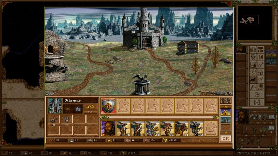 Скріншот гри з видом на замок і різноманітною армією героя в моді Heroes of Might and Magic III Succession Wars