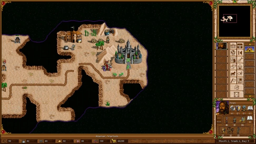 Знімок карти пустельної місцевості з замками, дорогами та інтерфейсом героя в моді The Succession Wars для Heroes of Might and Magic III