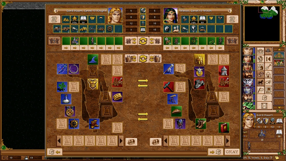 Інтерфейс торгівлі між двома героями з їх предметами в моді Герої Меча і Магії III Війни Спадкоємців