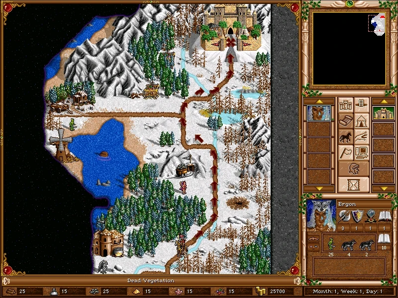 Засніжена карта з героєм, підрозділами вовків та різними будівлями в моді Heroes of Might and Magic III