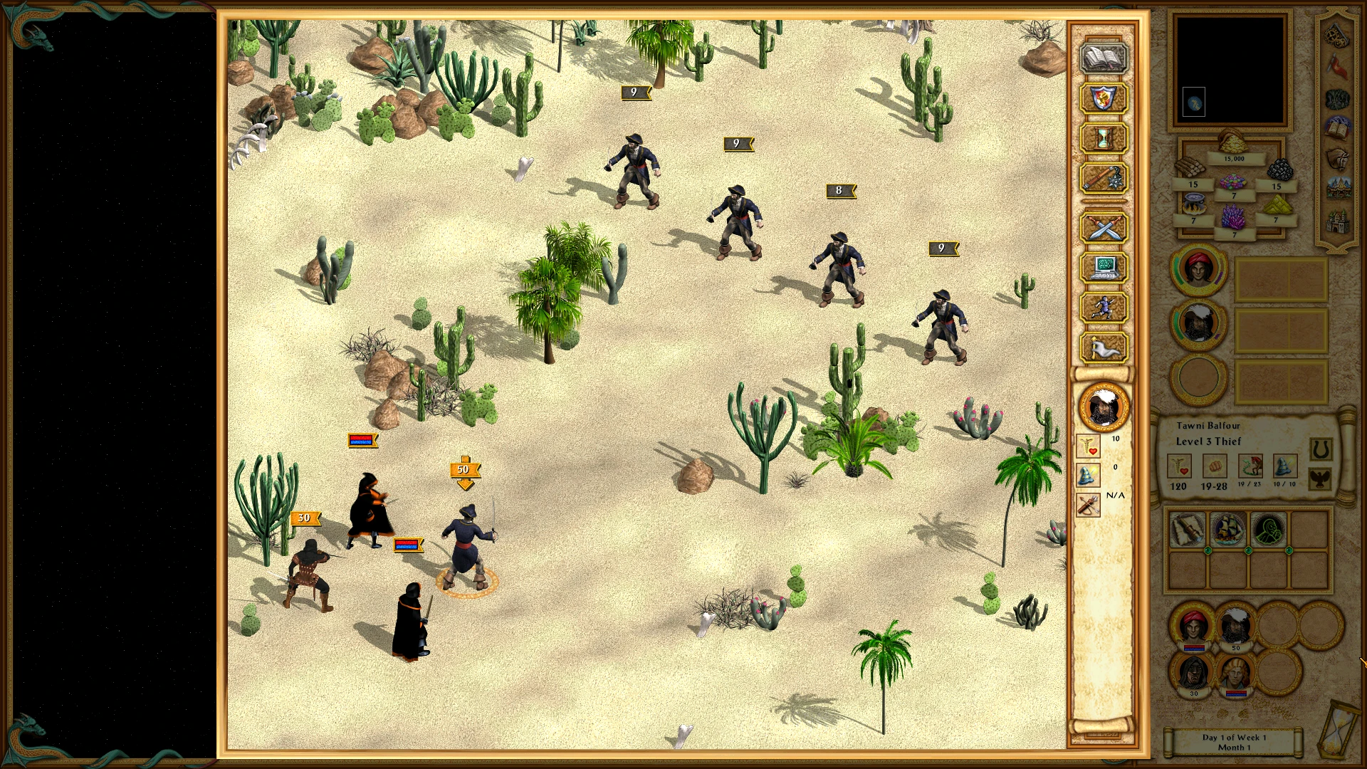 Screenshot of a turn-based battle on desert terrain showing character units and interface from Heroes of Might and Magic III enhanced by HD Resolution Mod