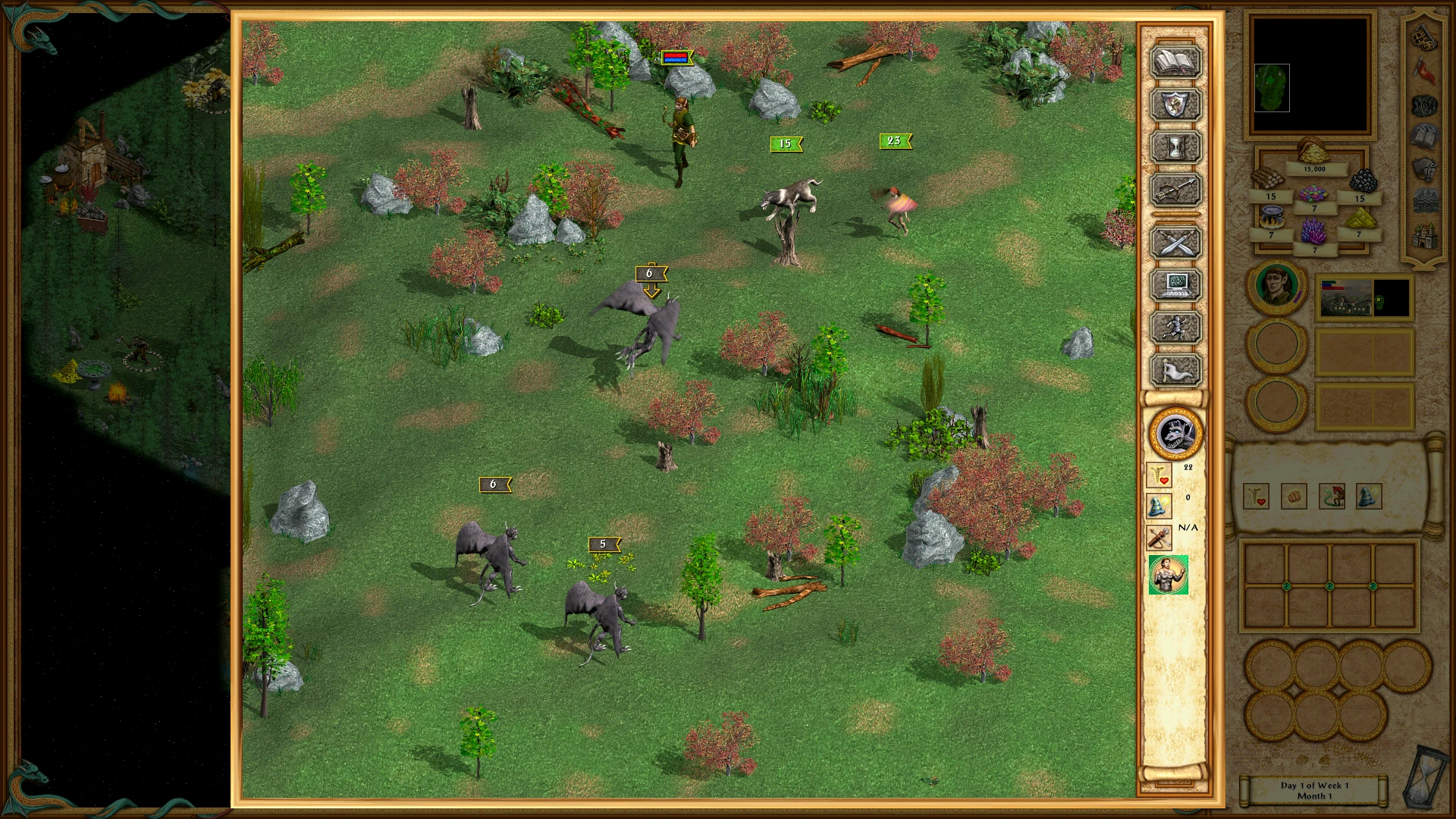 Gameplay screenshot showing a tactical battle with hero and creature units on a grassy map in Heroes of Might and Magic III
