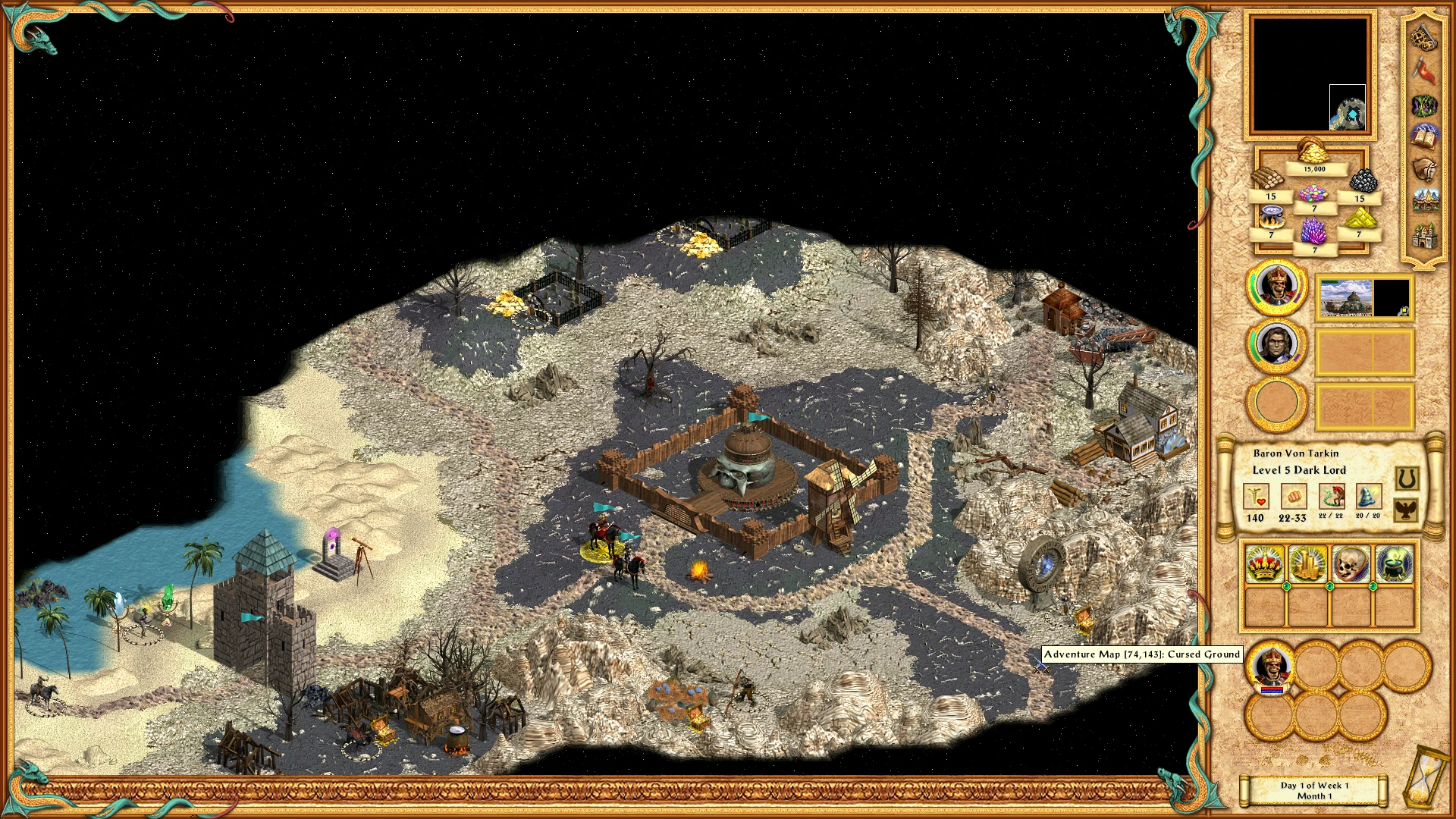 In-game view of Heroes of Might and Magic III showing map area with two heroes and a fortress using HD Resolution Mod