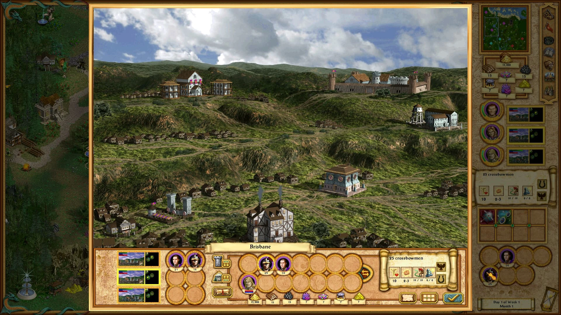 Game interface showing Brisbane city with detailed buildings and landscape in Heroes of Might and Magic IV HD Resolution Mod