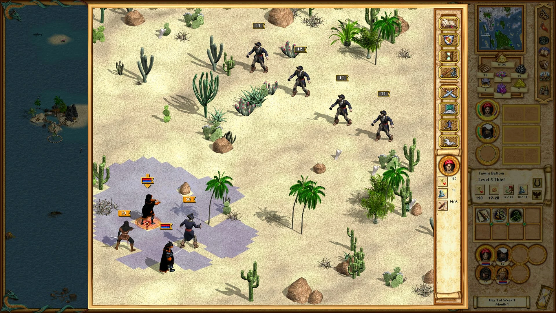 Screenshot of a tactical turn-based battle in desert with characters and interface from Heroes of Might and Magic IV HD mod