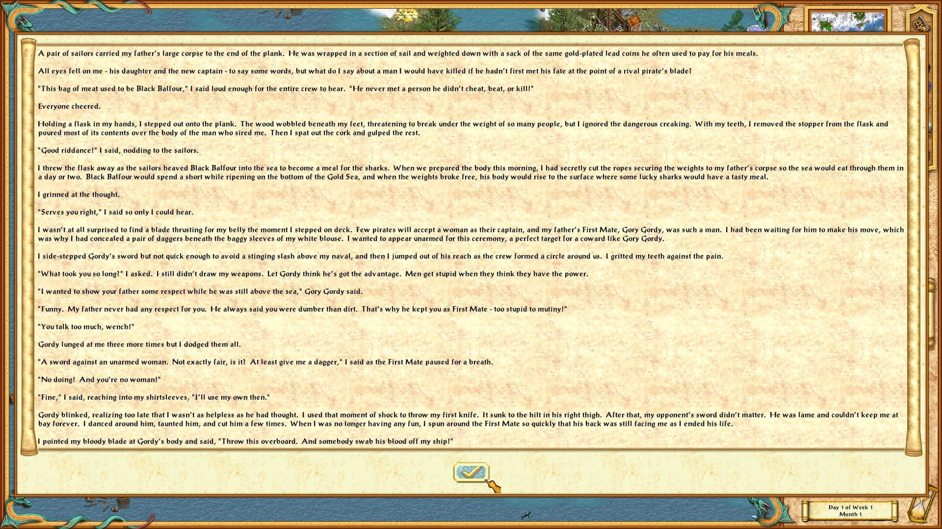 Screenshot showing extensive story text in an old parchment style interface in Heroes of Might and Magic IV HD mod