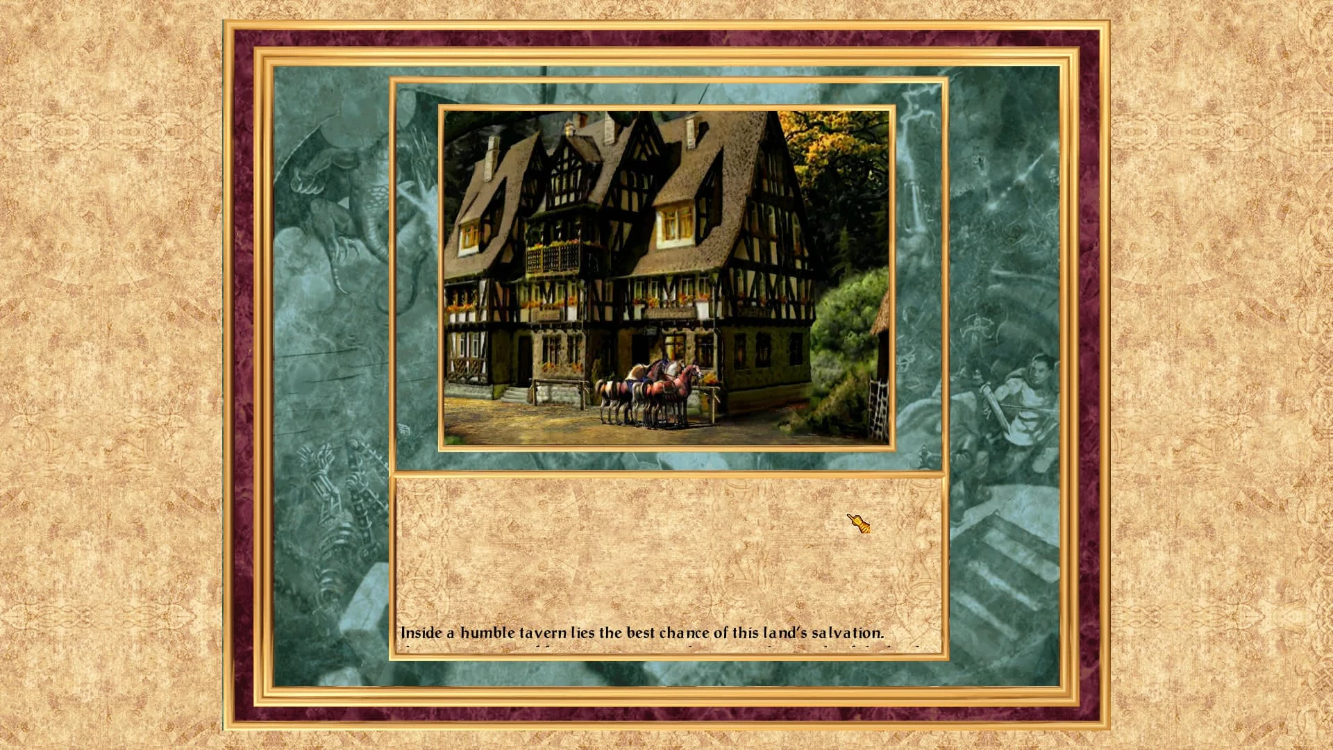 A medieval tavern building with horses outside shown in a framed game interface with text and HD resolution enhancement