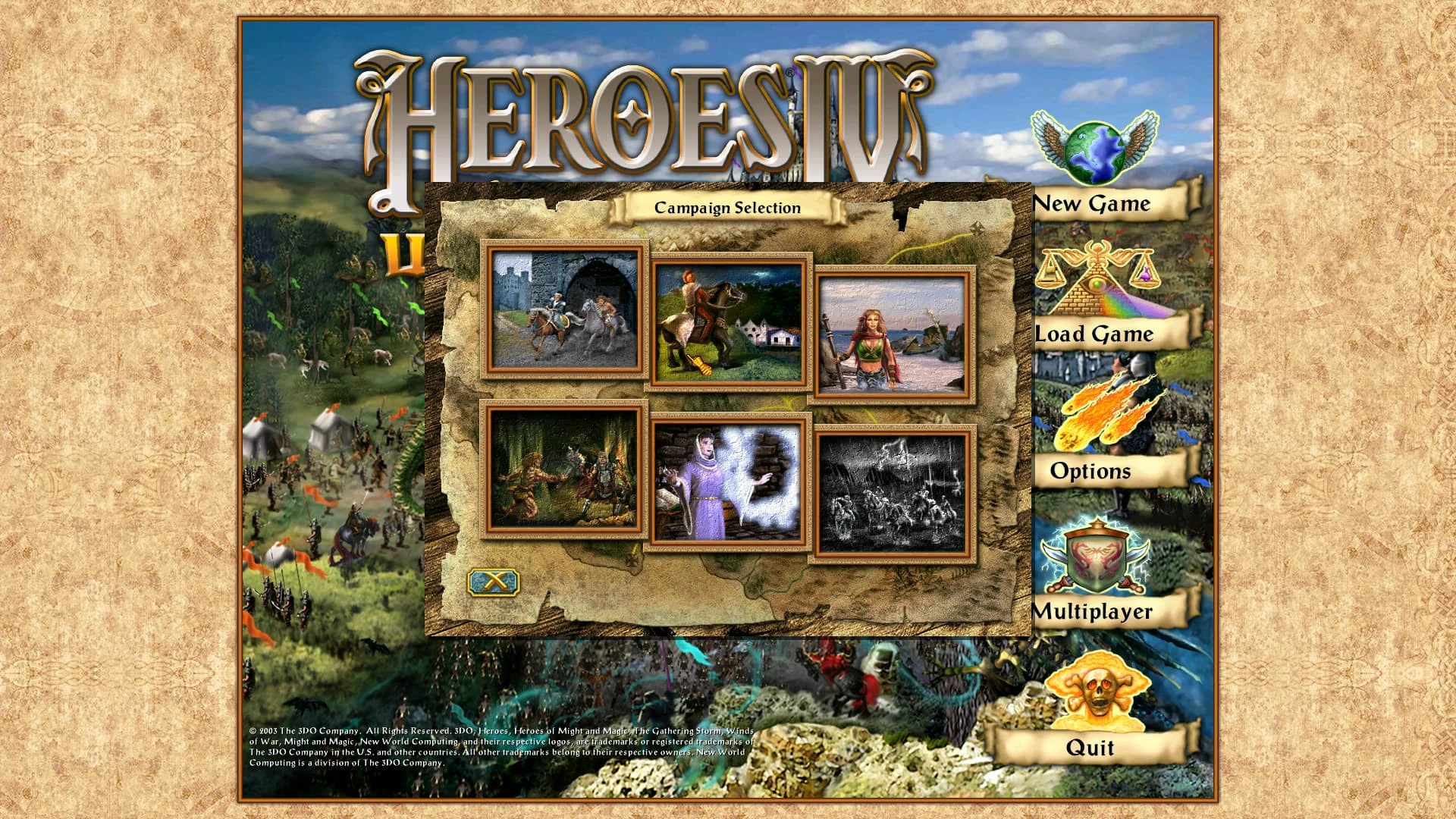 Screenshot of Heroes of Might and Magic IV HD Resolution Mod showing campaign selection interface with six campaign thumbnails and main menu options