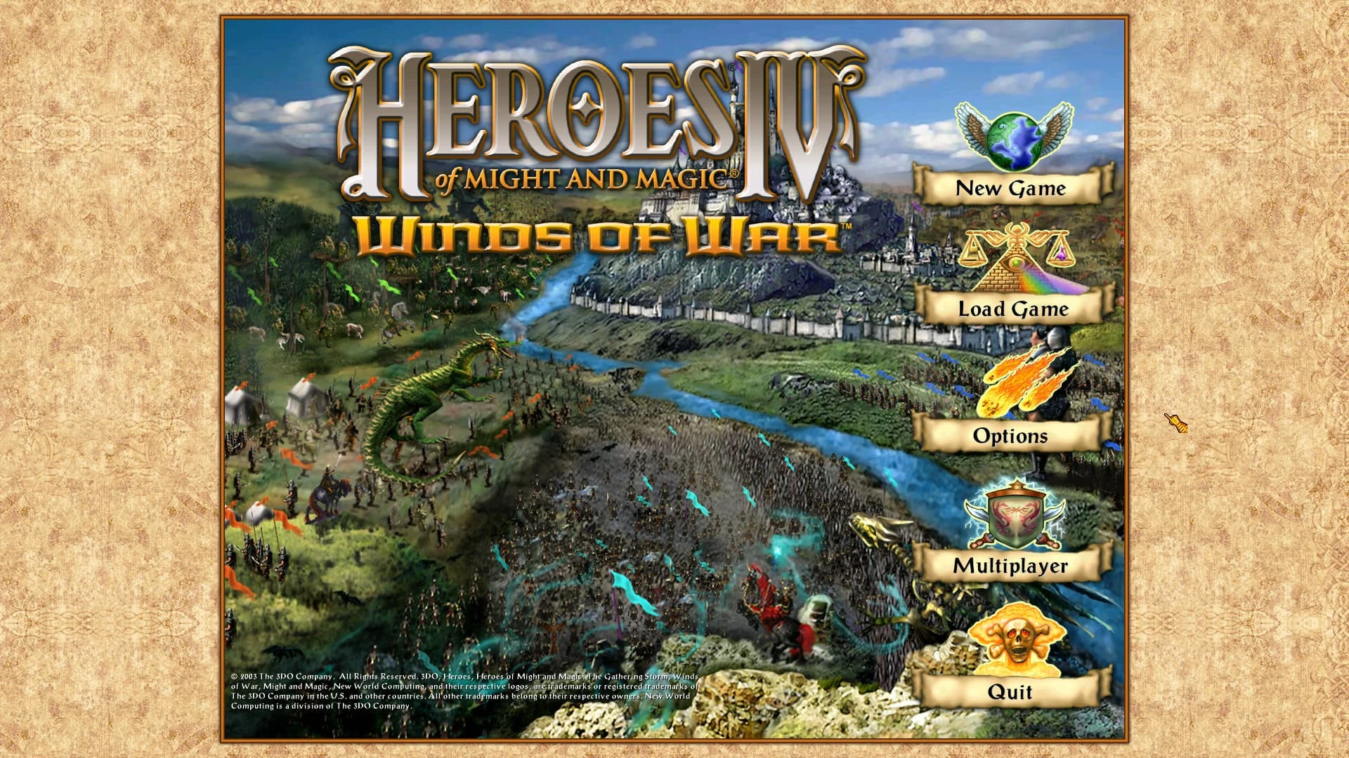 Heroes of Might and Magic IV Winds of War title screen showing battle scene with dragon and game menu options