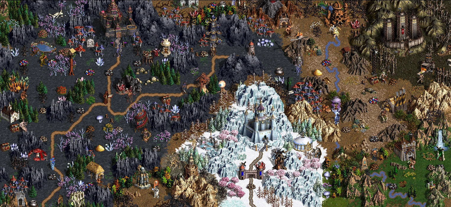 Eine detaillierte Heroes of Might and Magic III Spielkarte mit verschneiten Bergen, Wäldern, Burgen und Wegen aus dem Day of Reckoning Mod
