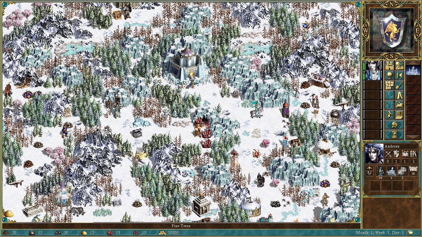 Screenshot zeigt verschneite Karte mit Helden und verschiedenen Geländearten im HoMM3 Day of Reckoning Mod