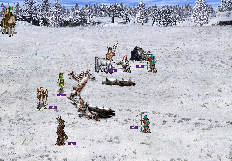 Winterkampf-Szene aus Heroes of Might and Magic III mit Einheiten im Kampf und verschneitem Waldhintergrund