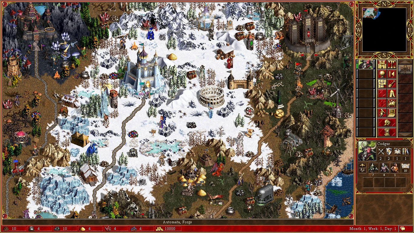 Spielbildschirm von Heroes of Might and Magic III mit verschneiter Landschaft, Burgen, Kreaturen, Ressourcen und Helden-Interface aus dem Day of Reckoning Mod