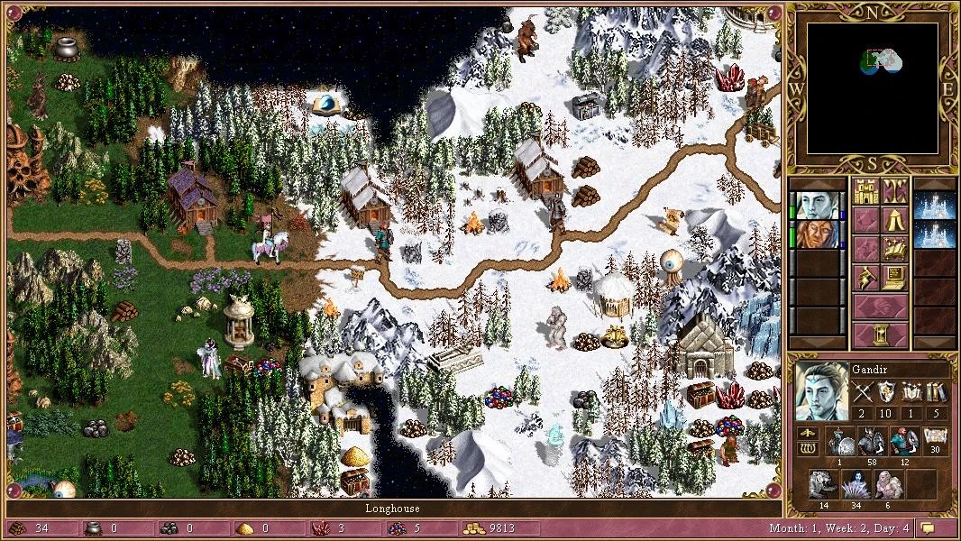 Spieloberfläche mit verschneitem Gelände und Gebäuden, Held Gandir ausgewählt im HoMM3 Mod Day of Reckoning