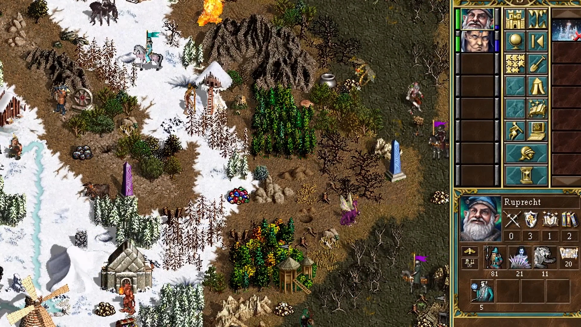 HoMM3 Spielbildschirm mit schneebedecktem und herbstlichem Waldterrain sowie Helden und Interface-Panel