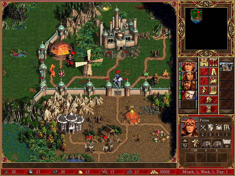 Screenshot einer Heroes of Might and Magic III Karte mit Heldin Fiona neben einer befestigten Burg und sichtbaren Interface-Elementen