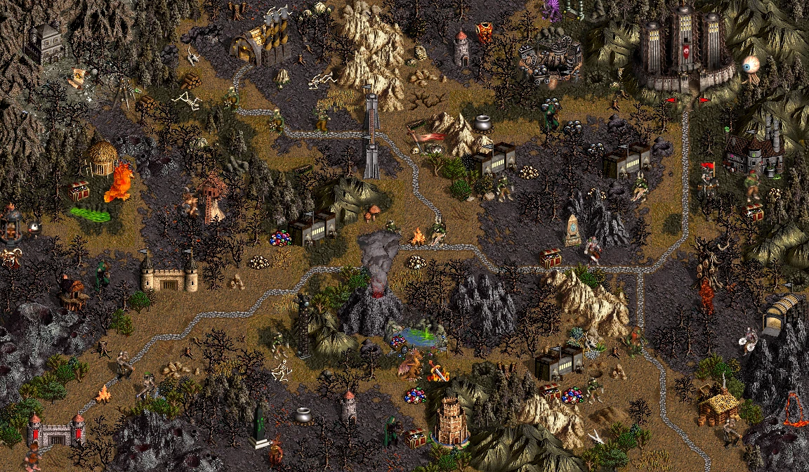 Draufsicht auf eine vulkanische Fantasy-Landschaft mit Burgen, Straßen, verschiedenen Kreaturen und Schatztruhen im Heroes of Might and Magic III Mod