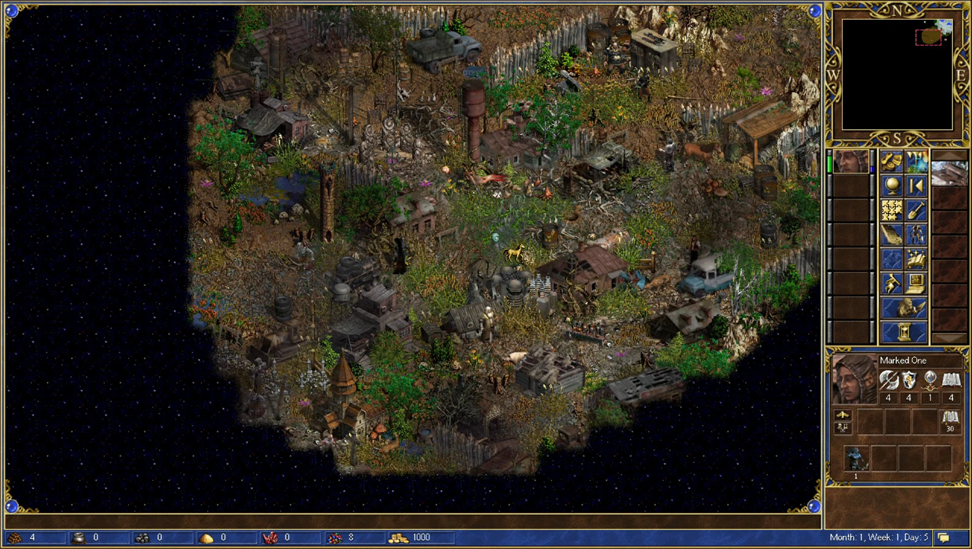 Zrzut ekranu z gry pokazujący szczegółową postapokaliptyczną mapę z ruinami budynków i pojazdów w modzie HoMM3 ERA STALKER