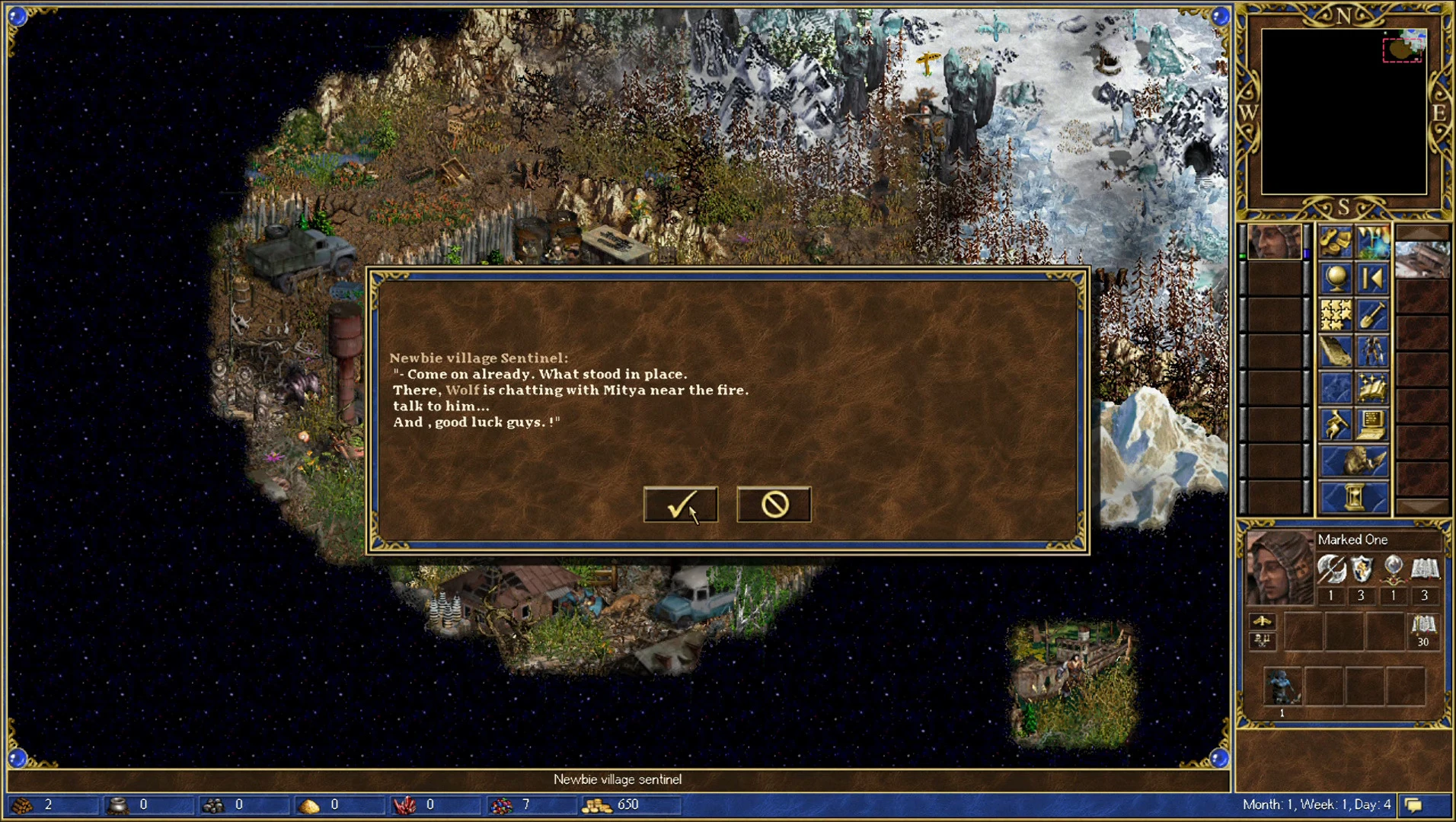 Interfejs gry z oknem dialogowym z instrukcjami dla gracza na mapie moda ERA STALKER do Heroes of Might and Magic III
