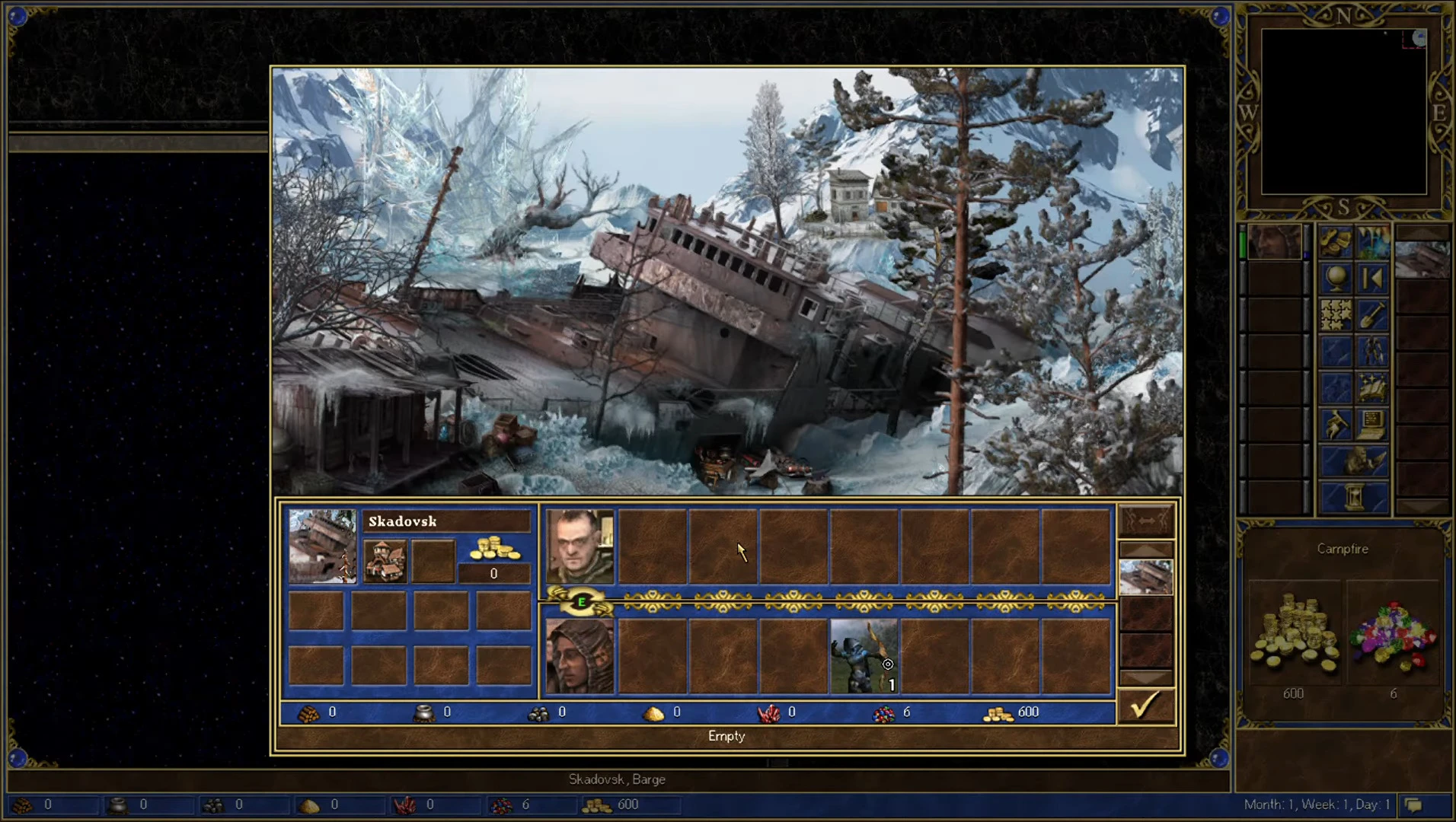 Interfejs gry pokazujący lodowy wrak statku i zaśnieżony teren w modzie Heroes of Might and Magic III ERA STALKER