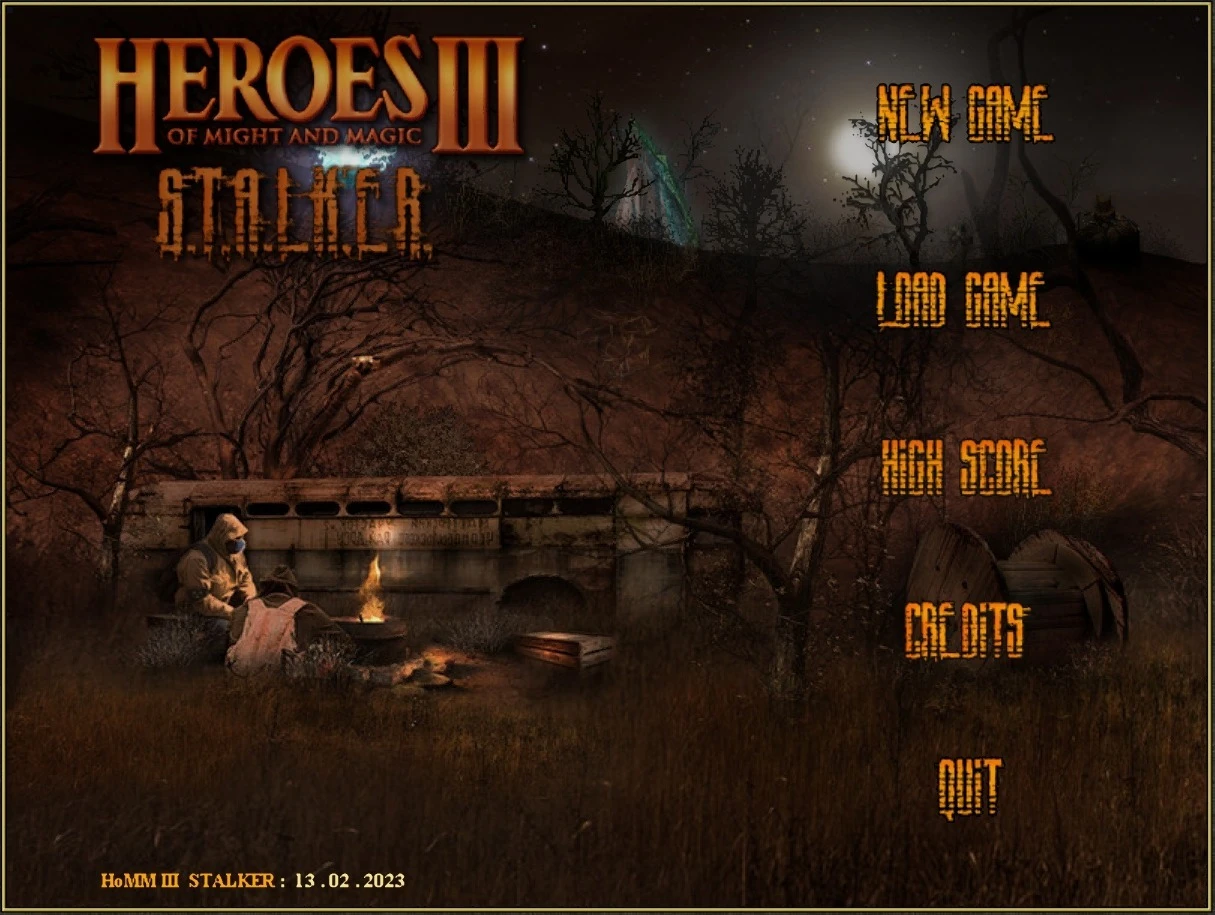 Menu główne moda HoMM3 ERA STALKER z upiornym nocnym tłem i osobą w ochronnym stroju przy ognisku