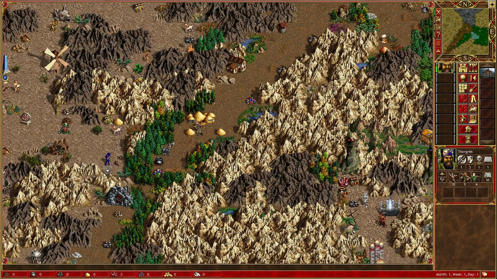 Bildschirmaufnahme einer bergigen Abenteuerkarte mit Helden, Ressourcen und Gebäuden im HoMM3 ERA Mod