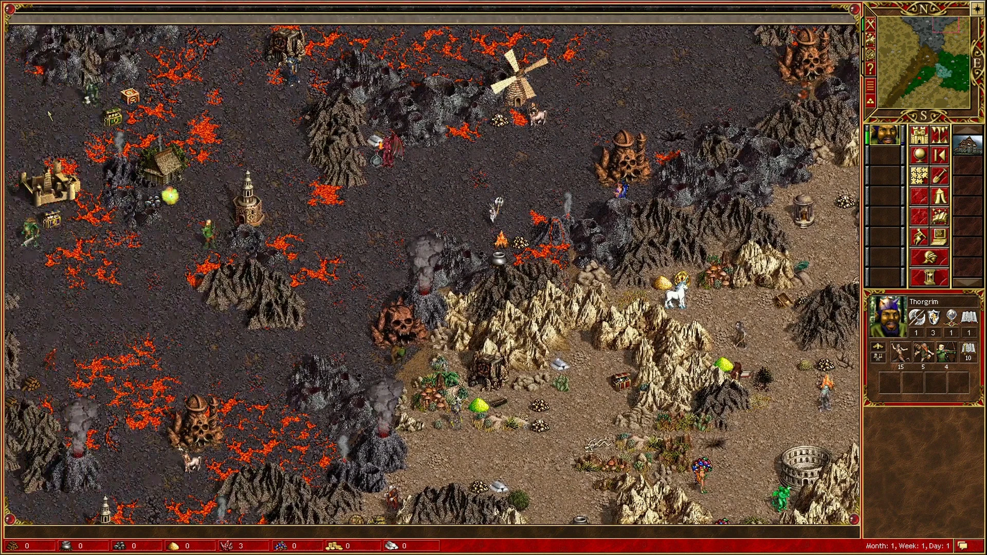 Spielbildschirm mit vulkanischem Terrain, Held Thorgrim und verschiedenen Objekten im HoMM3 ERA Mod