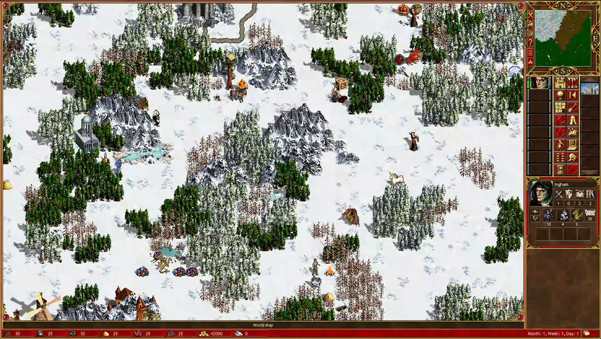 Schneebedeckte Landschaft mit Helden, Kreaturen und Ressourcen im Heroes of Might and Magic III Mod HoMM3 ERA WoG