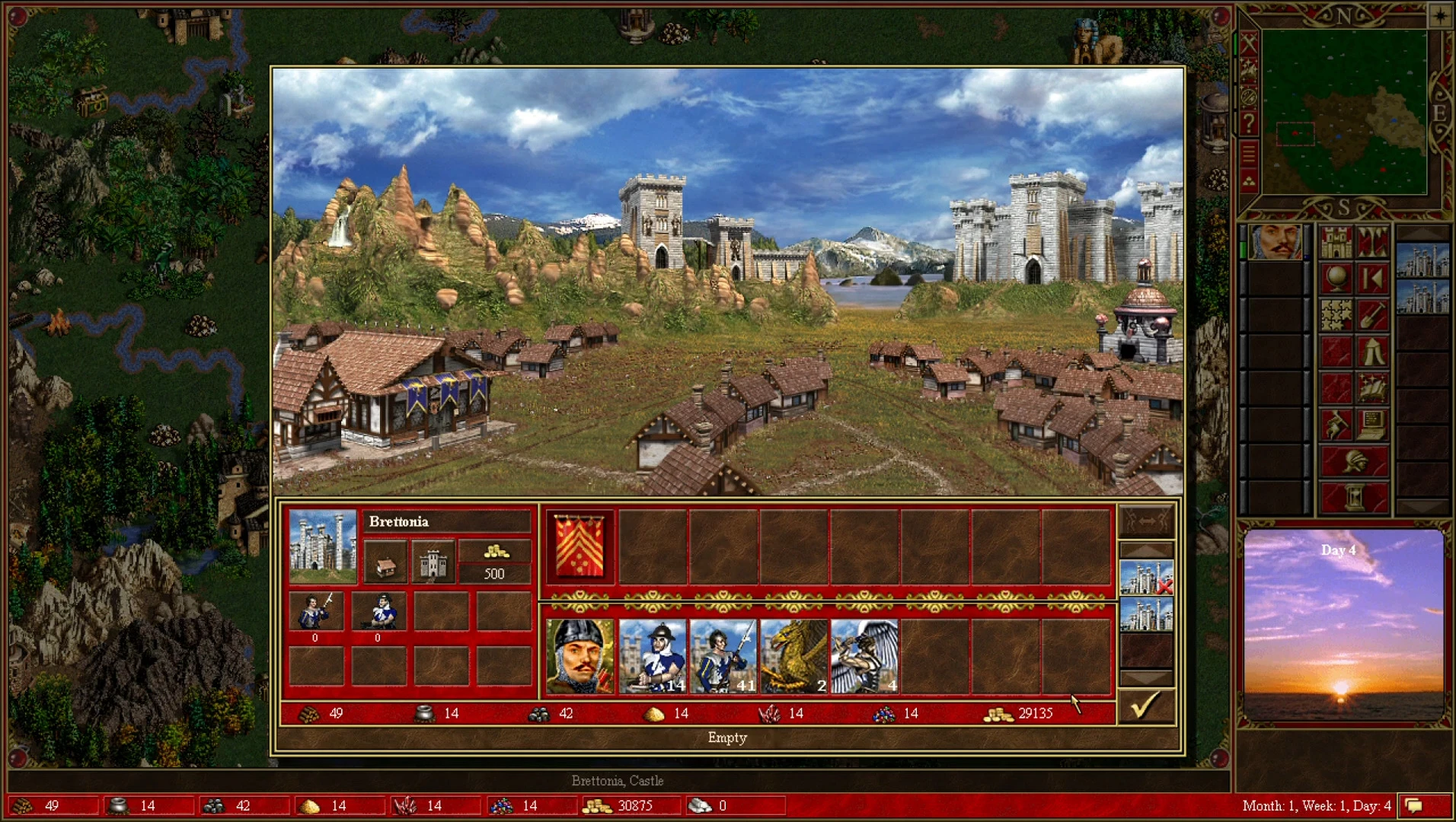 Screenshot zeigt Brettonia Burg mit Einheiten und Ressourcen im Heroes of Might and Magic III ERA WoG Mod
