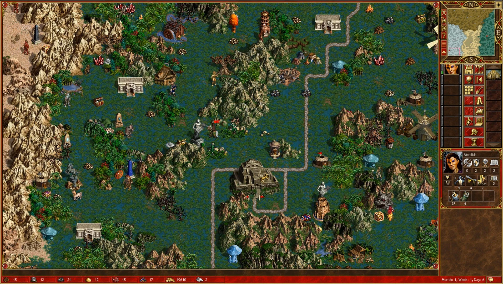 Spielbildschirm mit einer Dschungellandschaft, Gebäuden, Helden und Ressourcen im Heroes of Might and Magic III ERA Mod