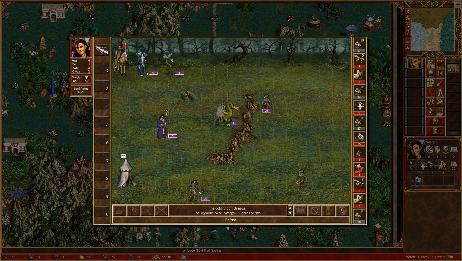 Ingame-Kampfansicht mit Helden, Kreaturen und Gelände in Heroes of Might and Magic 3 mit ERA Mod