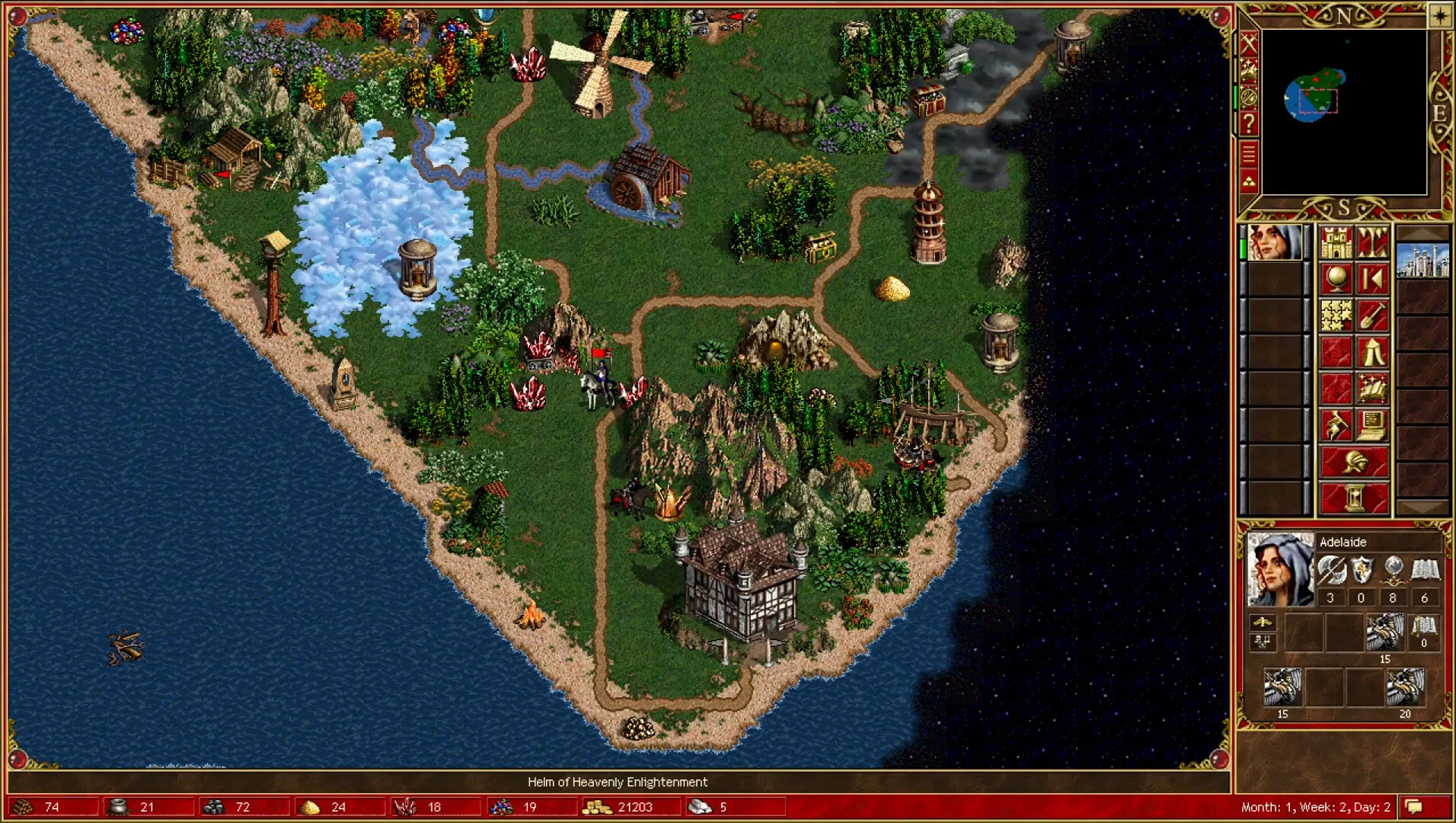 Spielinterface-Screenshot zeigt Helden auf Küstenkarte mit Gebäuden, Ressourcen und Minikarte aus HoMM3 ERA Mod