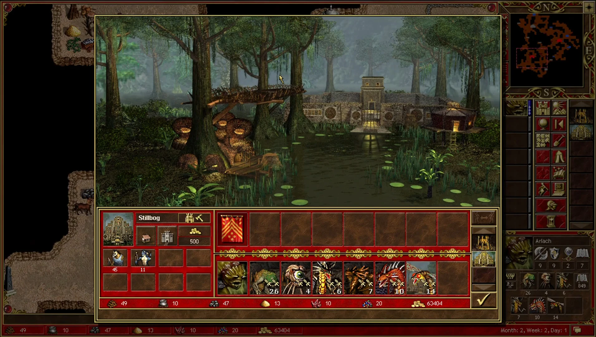 Spielbildschirm zeigt Heldenarmee mit verschiedenen Kreaturen, Ressourcen und Waldhintergrund im Heroes of Might and Magic III ERA Mod