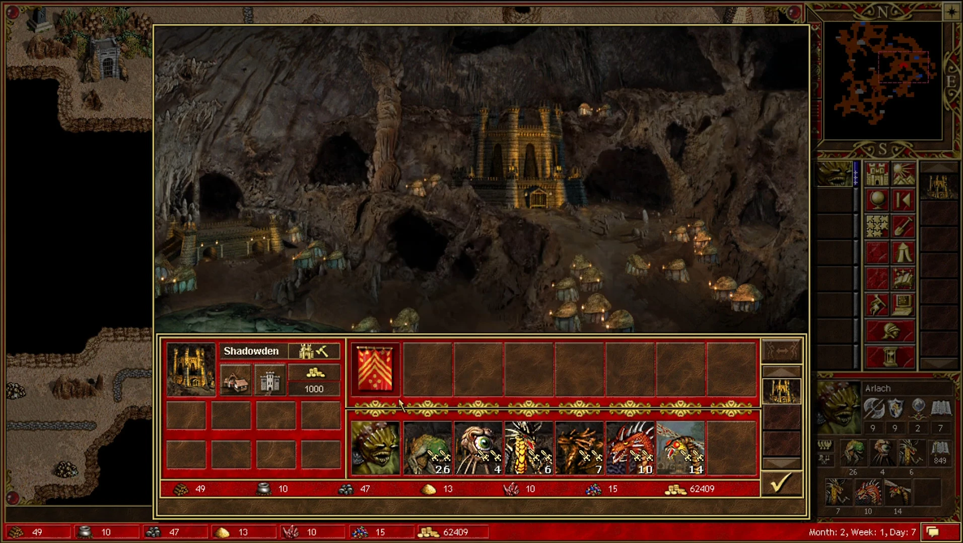 Ingame-Screenshot von Heroes of Might and Magic III mit ERA-Mod, der die unterirdische Stadt Shadowden mit Helden und Kreaturen zeigt