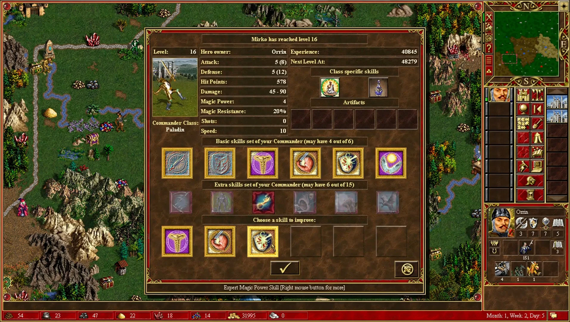 Screenshot zeigt Heldenfähigkeiten-Upgrade-Interface mit Paladin auf Level 16 im Heroes of Might and Magic III ERA WoG Mod
