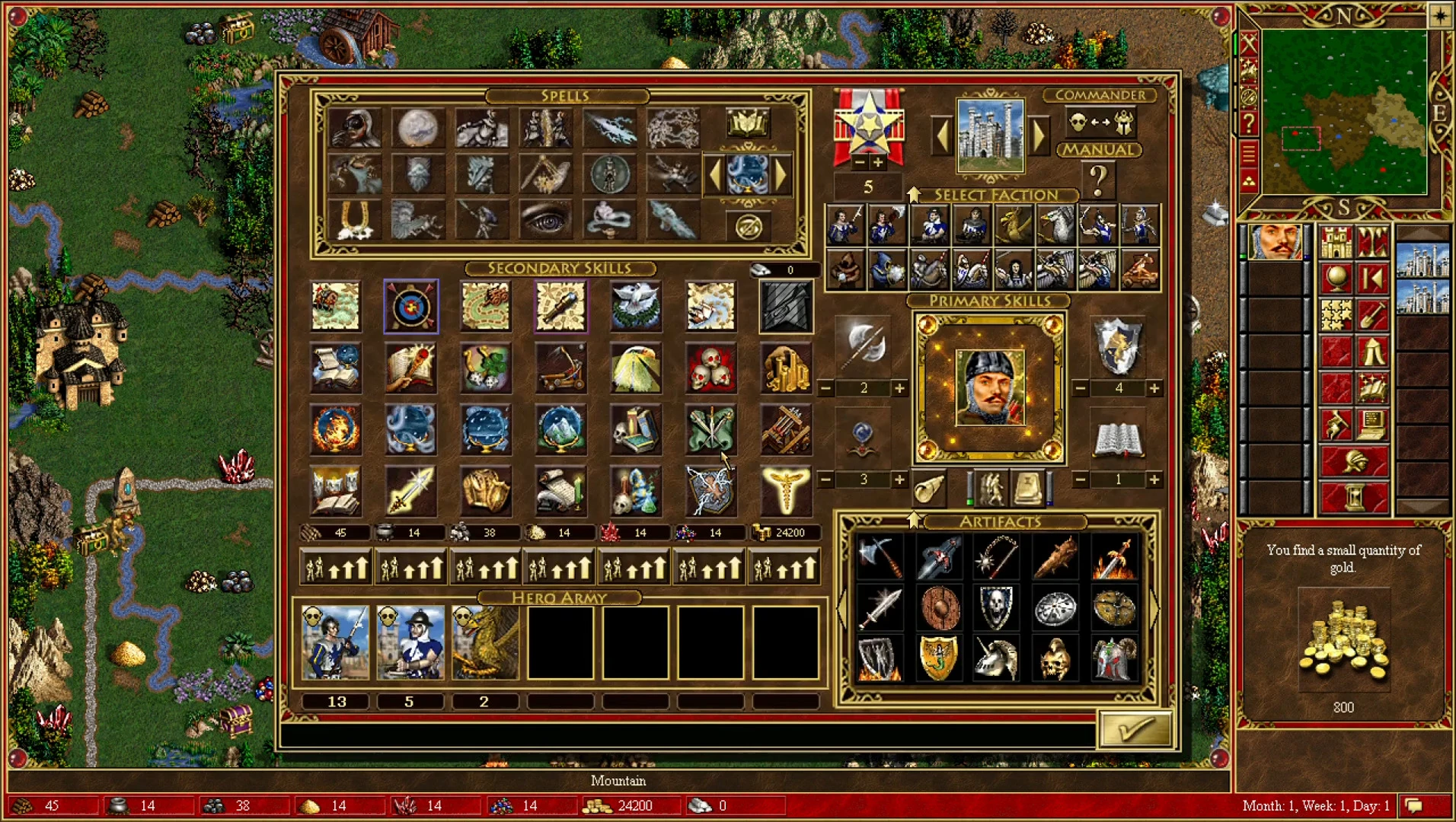 Screenshot der Fähigkeiten, Zauber, primären und sekundären Werte, Artefakte und Armee des Helden im Mod Heroes of Might and Magic III ERA
