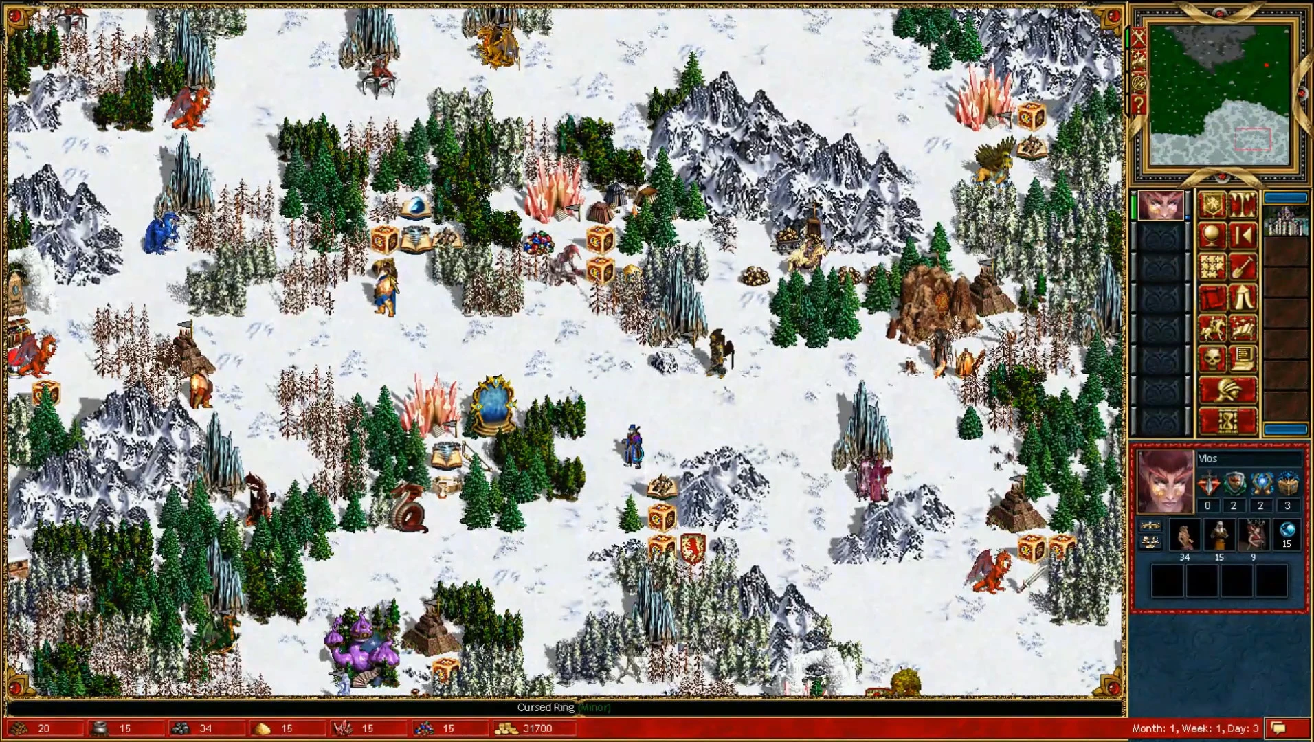 Captura de pantalla del mod Heroes of Might and Magic III Legacy of the Silence mostrando un héroe en un mapa nevado con varias criaturas, recursos y edificios