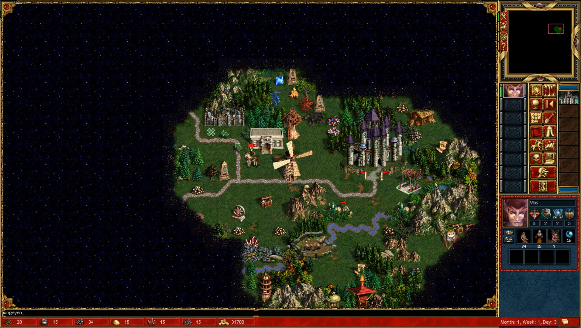 Captura de pantalla del juego mostrando un mapa detallado de Heroes of Might and Magic III con castillo, caminos y recursos en el mod Legacy of the Silence