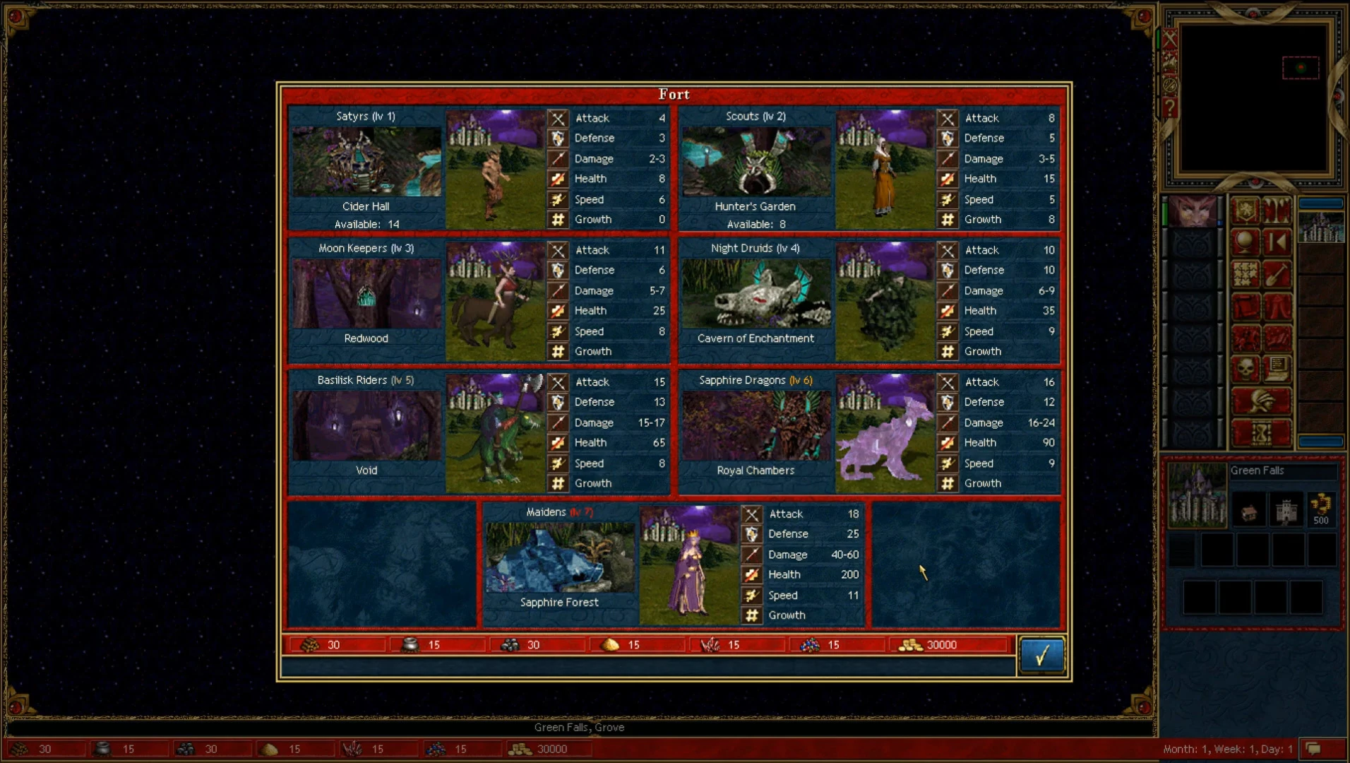 Pantalla que muestra estadísticas detalladas de ataque, defensa, daño, salud, velocidad y crecimiento para varias unidades en el mod Legacy of the Silence de Heroes of Might and Magic III