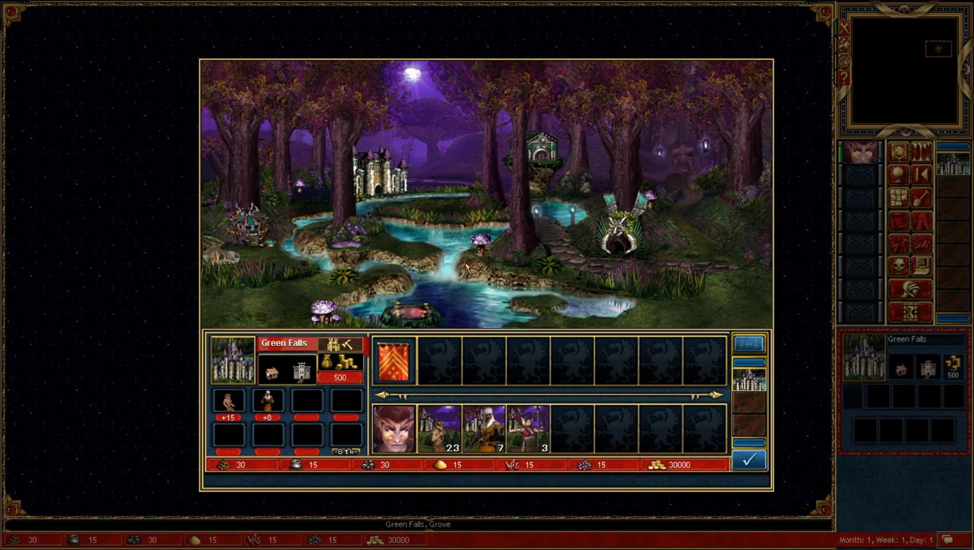 Captura de pantalla de la ciudad Green Falls en el mod Legacy of the Silence con bosque púrpura, río y detalles del héroe