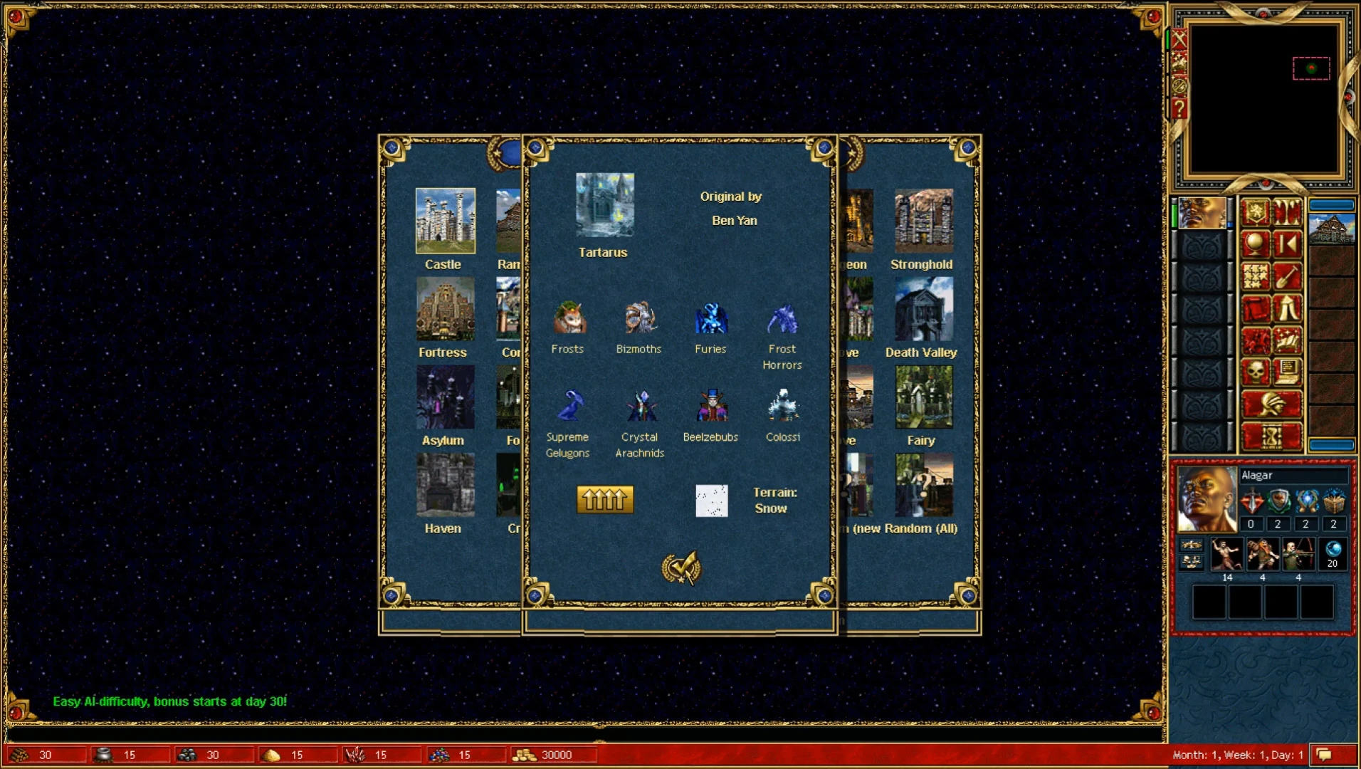 Pantalla del juego de Heroes of Might and Magic III mod Legacy of the Silence con ciudad Tartarus y estadísticas del héroe