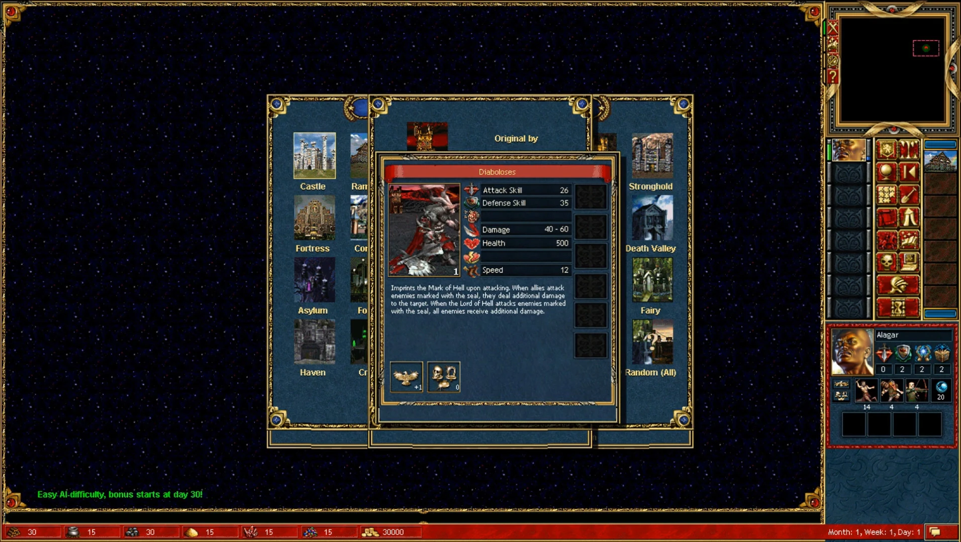 Pantalla del héroe Alagar mostrando estadísticas detalladas de la unidad Diaboloses con menú de selección de ciudad en el mod HoMM3 Legacy of the Silence