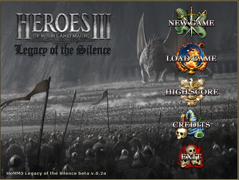 Pantalla de menú en blanco y negro mostrando un ejército masivo y la silueta de un dragón en el mod Legacy of the Silence de Heroes of Might and Magic III