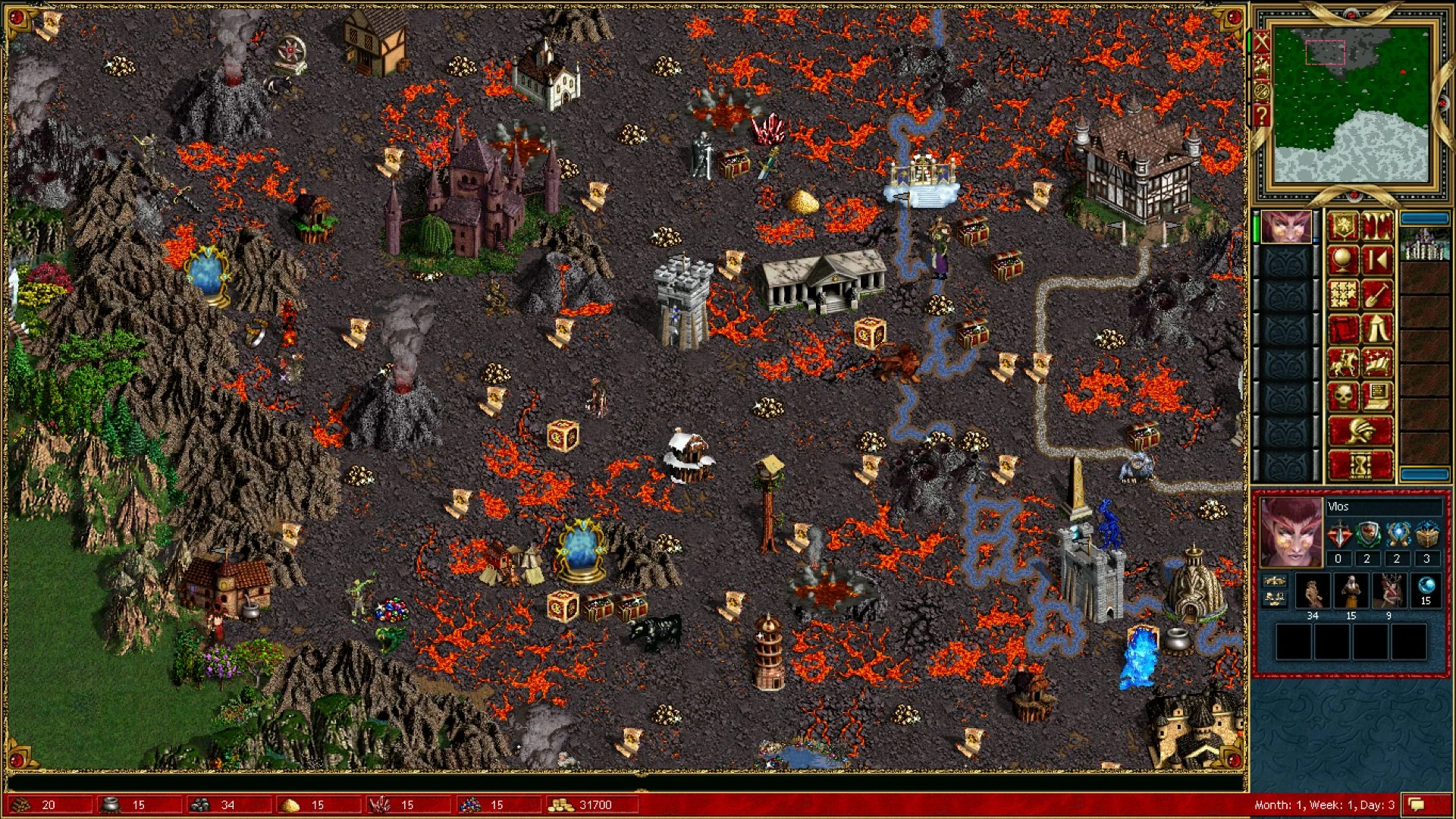 Captura de pantalla del juego Heroes of Might and Magic III mostrando un paisaje volcánico con flujos de lava, edificios y la interfaz del héroe con tropas y recursos