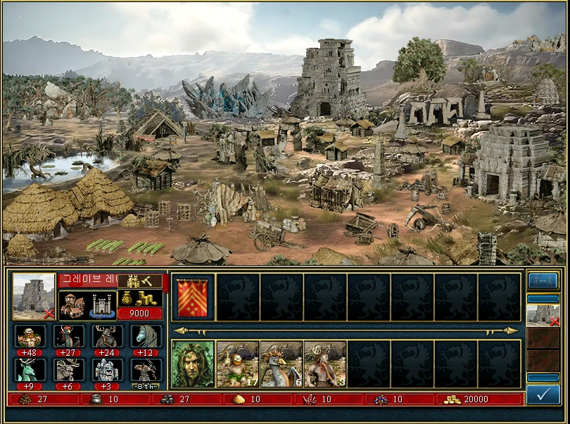 Captura del mod de Heroes of Might and Magic III mostrando aldea antigua y interfaz de héroe