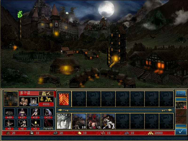 Captura de pantalla de una fortaleza oscura iluminada por la luna y un pueblo con la interfaz del mod HoMM3 Legacy of the Silence