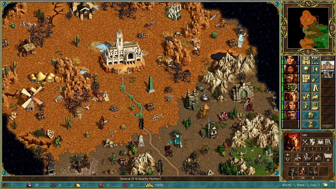 Screenshot of Heroes of Might and Magic III showing terrain, buildings, units, and hero interface using Horn of the Abyss mod